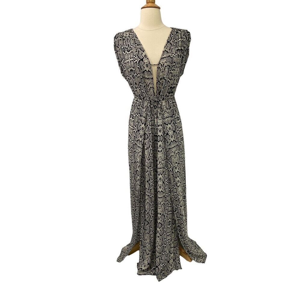 Vix Paula Hermanny Snakeskin Print Maxi Cover Up Size XS Plunge Neckline Slits